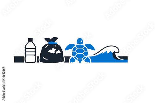 A flat graphic illustration featuring a plastic bottle, a garbage bag, a sea turtle, and an ocean wave, representing the impact of plastic pollution on marine environments.