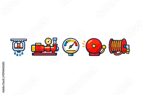A set of five colorful flat icons representing fire safety equipment, including a sprinkler, water pump, pressure gauge, alarm bell, and hose reel, isolated on a black background.