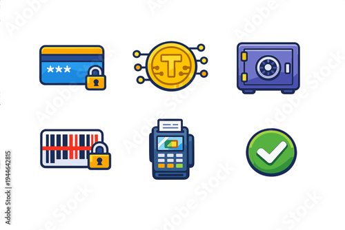 A collection of six colorful flat icons related to secure financial transactions, including a locked credit card, a digital coin, a safe, a locked barcode, a payment terminal, and a checkmark.