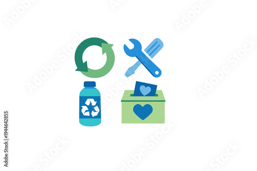 A collection of four icons representing sustainability and social responsibility, including recycling arrows, repair tools, a plastic bottle, and a donation box with hearts.