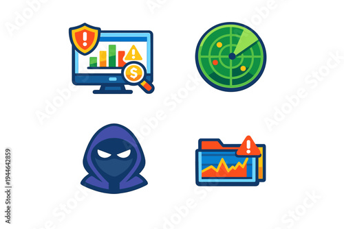 Four flat vector icons representing digital security and monitoring, featuring a computer screen with data, a radar, a hooded hacker, and a folder with a warning alert.