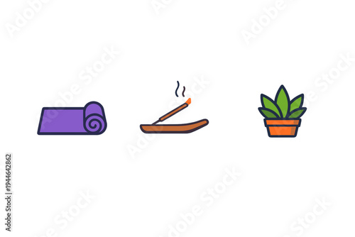 This illustration displays three wellness icons including a purple yoga mat, a burning incense stick with smoke, and a green plant in an orange pot against a black background.