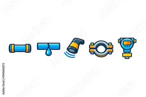 A set of five stylized icons representing plumbing and industrial piping systems, including a pipe section, a leaking pipe, a sensor, a clamp, and a digital flow meter on a black background.