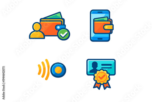 This set of four flat vector icons features a digital wallet, mobile payment on a smartphone, contactless technology, and a verified identity card with a gold seal.
