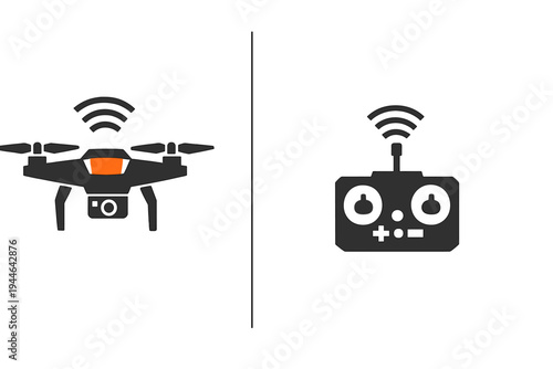 An illustration of a black drone with a camera and an orange light next to a remote controller. Both devices feature signal icons, indicating wireless communication on a dark background.