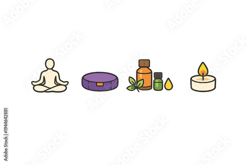 A collection of four wellness icons including a person in a meditation pose, a purple cushion, essential oil bottles with green leaves, and a lit candle on a black background.