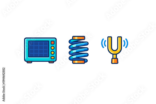 A collection of three colorful scientific icons featuring an electronic monitor, a blue metal spring, and a yellow tuning fork emitting sound waves on a black backdrop.