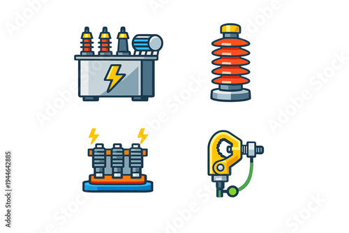 A set of four stylized icons representing electrical power infrastructure, including a transformer, high-voltage insulators, and a grounding clamp on a solid black background.