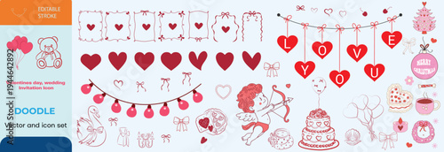 Set of hand drawn coquette elements for Valentines day, wedding invitation, birthday card. Cute girly bows, ribbons, cherry, cake, toy bear, cocktail, rose, strawberry. Vintage vector illustration