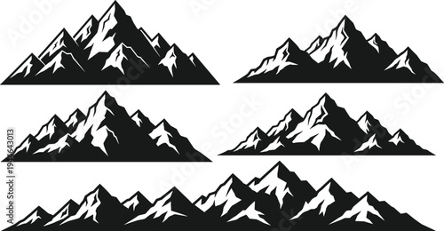 Black and white mountain range vector silhouette set with peak silhouettes and ridge lines isolated on white background for outdoor adventure travel logo design