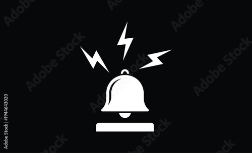 White bell ringing with lightning bolts on black background alarm alert notification