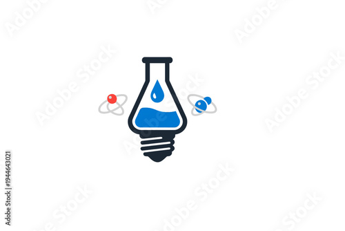 A minimalist illustration featuring a laboratory flask combined with a light bulb base, flanked by two atomic models with red and blue nuclei on a solid black background.