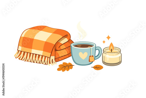 A cozy autumn illustration featuring a folded orange checkered blanket, a steaming blue mug with a heart, and a lit candle in a jar, set against a black background with fall leaves.