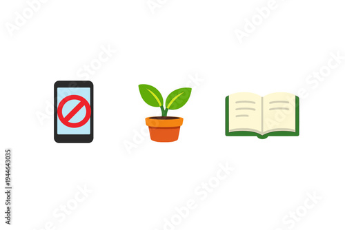 A set of three flat icons including a mobile phone with a red ban symbol, a small green plant in a pot, and an open book, symbolizing focus and learning on a black background.