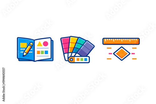 Three colorful icons representing graphic design tools including a sketchbook with a pencil, a color swatch palette, and a ruler with measurement guides on a black background.