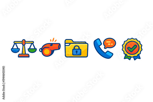 Five vibrant flat icons depicting justice scales, a whistle, a locked folder, a telephone with a chat bubble, and a quality seal with a checkmark on a dark black background.