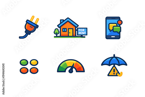A collection of six colorful flat icons on a black background including an electric plug, a house for rent, a smartphone with messages, a gauge, and a warning sign under an umbrella.