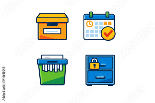 A set of four colorful icons representing document management and security, including a storage box, a calendar with a checkmark, a paper shredder, and a locked filing cabinet.