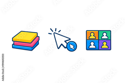 Three colorful digital icons on a black background representing a stack of sticky notes, a mouse cursor with a click action, and a video conference grid with four participants.