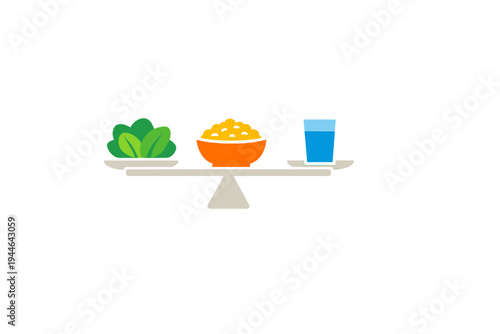A flat vector illustration of a balance scale holding a bunch of green leaves, a bowl of yellow grains, and a glass of water, representing a healthy and balanced diet concept.