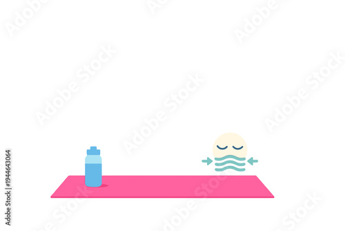 A pink yoga mat and a blue water bottle sit on a black background next to a stylized character head with closed eyes and wavy lines, representing meditation and wellness.