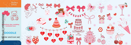 Set of hand drawn coquette elements for Valentines day, wedding invitation, birthday card. Cute girly bows, ribbons, cherry, cake, toy bear, cocktail, rose, strawberry. Vintage vector illustration