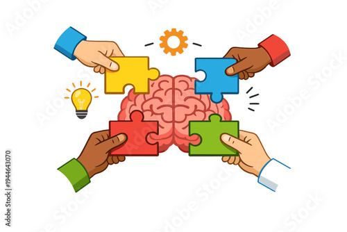 Four hands of diverse skin tones hold colorful puzzle pieces around a central human brain, symbolizing teamwork and collective intelligence. A lightbulb and gear icon float nearby.