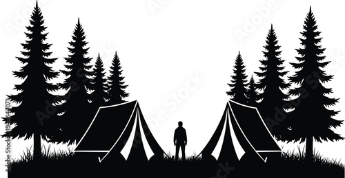 Black and white silhouette vector illustration of a lone hiker standing between two camping tents in a pine forest meadow at night or dawn