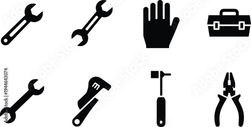 Hand tools icon set, wrench pliers hammer toolbox glove adjustable spanner repair maintenance equipment silhouette vector symbols