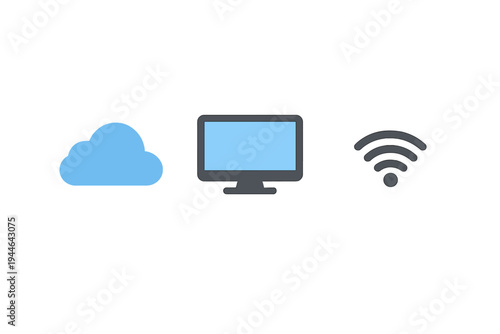 A light blue cloud icon, a computer monitor, and a dark grey Wi-Fi symbol are arranged in a row against a plain black background, representing technology and connectivity.