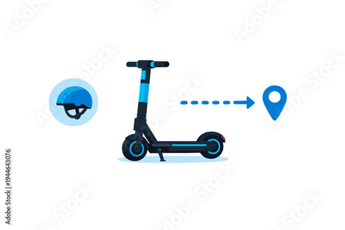 A minimalist vector graphic featuring a modern electric scooter, a safety helmet icon, and a blue location pin with a directional arrow, all set against a solid black backdrop.
