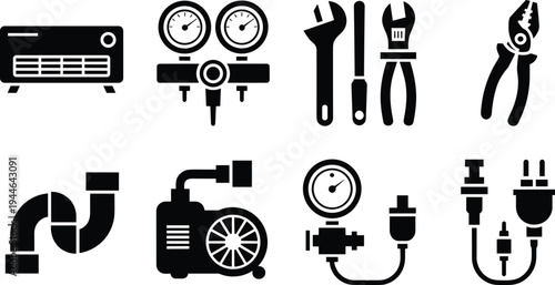 Industrial repair tools and equipment icons, air conditioner wrench pliers pipes compressor pressure gauge electrical plug maintenance symbols