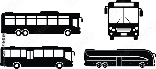 Black city bus and luxury coach silhouette icons set including front view side view and transit vehicle symbols for urban transportation and travel design