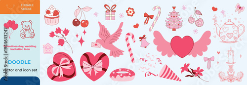 Set of hand drawn coquette elements for Valentines day, wedding invitation, birthday card. Cute girly bows, ribbons, cherry, cake, toy bear, cocktail, rose, strawberry. Vintage vector illustration