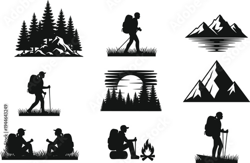 Black hiking silhouettes vector set featuring mountain climbers, campfire scenes, pine forest landscapes, and outdoor adventure icons for camping gear logos and nature trekking designs