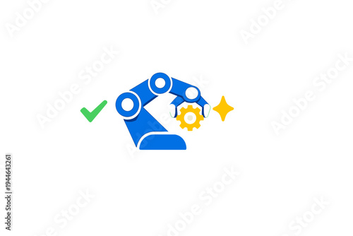 A blue robotic arm holds a yellow gear between its pincers. A green checkmark icon and a yellow sparkle appear next to the mechanical arm on a solid black background.
