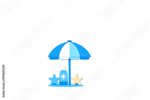A flat vector illustration of a blue and white striped beach umbrella with a bottle of sunscreen and two starfish on a blue base, set against a solid black background.