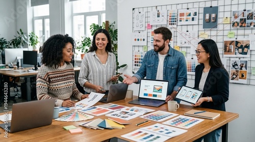 Creative team collaborating on brand design with laptops tablets color swatches and printed charts in bright modern office interior