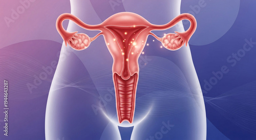Female reproductive anatomy with glowing energy points symbolizing fertility and reproductive health on an abstract background