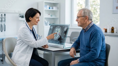 Female neurologist explaining brain scan results to elderly man patient in medical office consultation session