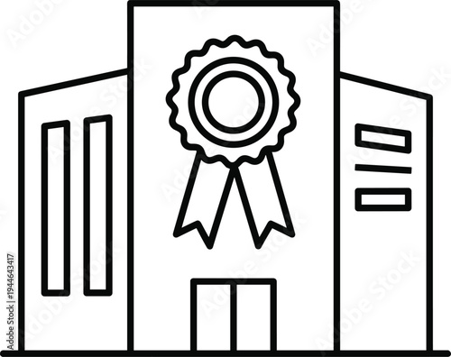 Award winning building silhouette, certification icon, excellence recognition illustration, accredited institution graphic, achievement symbol vector, honored organization design element