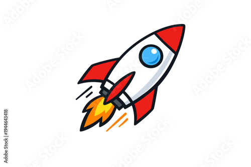 A cartoon rocket ship with a black body, red fins, and a blue porthole launches into space against a solid black background. The spacecraft features bright orange and yellow flames.
