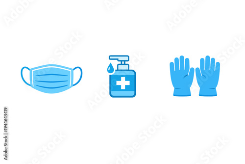 A flat vector illustration featuring a blue surgical face mask, a hand sanitizer bottle with a cross symbol, and a pair of medical gloves, all set against a solid black background.