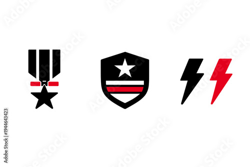 A collection of three stylized symbols including a dark mask with glowing red eyes, a white and red striped shield, and a red lightning bolt against a black backdrop.