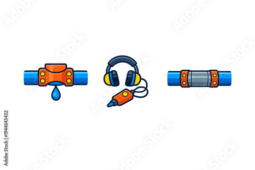 A series of three cartoon icons illustrating the process of detecting and repairing a water leak in a blue pipe using specialized acoustic equipment on a black background.