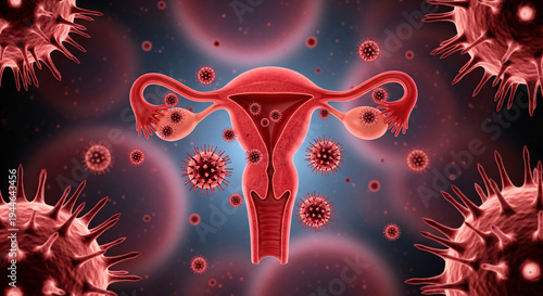 Female reproductive system anatomy with uterus and ovaries surrounded by infectious virus particles