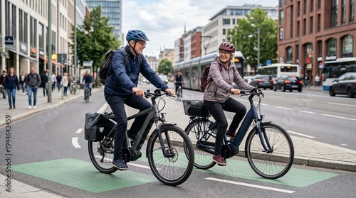 Middle aged man and woman wearing helmets smiling while riding electric bicycles on urban bike lane during daytime in city street