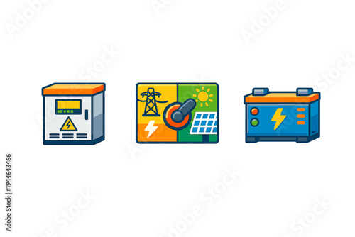 A set of three flat vector icons illustrating electrical power components such as a control box, a solar energy transfer switch, and a battery storage system for energy.