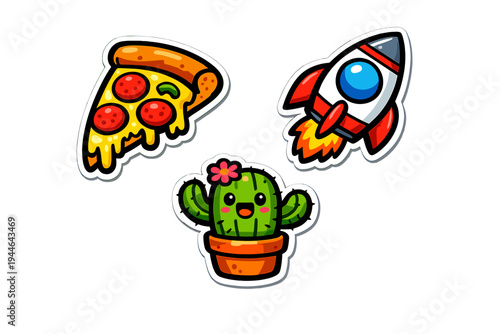 A collection of three cartoon stickers featuring a slice of pepperoni pizza, a rocket ship launching into space, and a cute smiling cactus in a pot, all set against a black background.