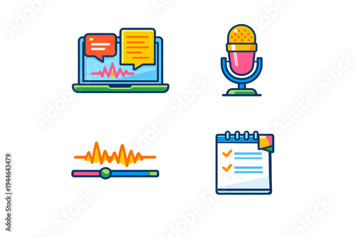 A set of four colorful flat icons representing audio recording and transcription, featuring a laptop with speech bubbles, a microphone, a sound wave slider, and a checklist.